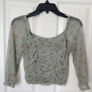 Monteau Sage Floral Ruched Blouse